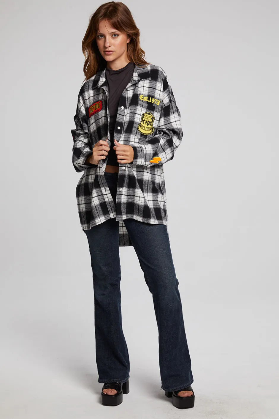 Women Chaser Brand AC/DC High Voltage Flannel Button Down