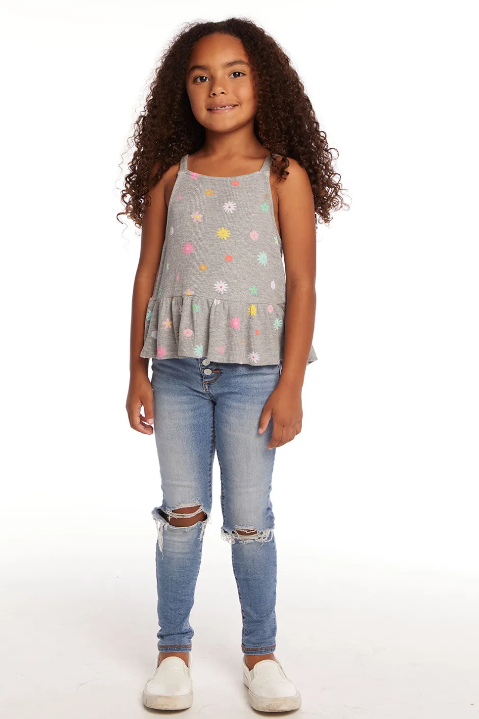 Kids Chaser Brand Amelia Waffle Knit Embroidery Flowers Tank Top