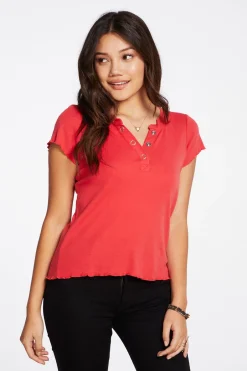 Women Chaser Brand Baby Rib Short Sleeve Cropped Henley Tee