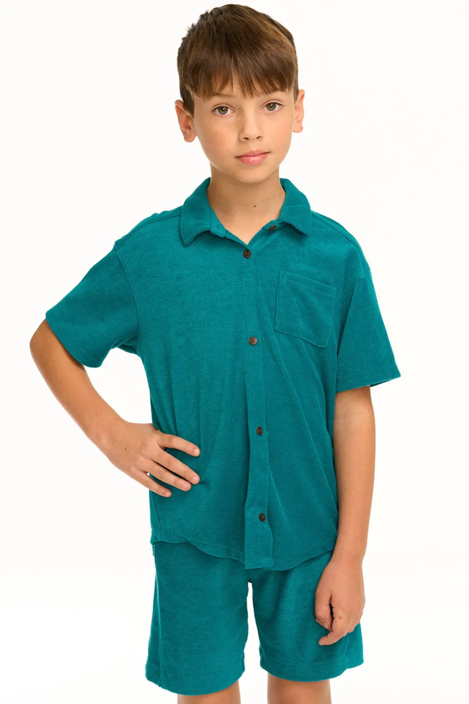 Kids/BOY Chaser Brand Boy's Lake Green Terry Cloth Button Down Collared Shirt