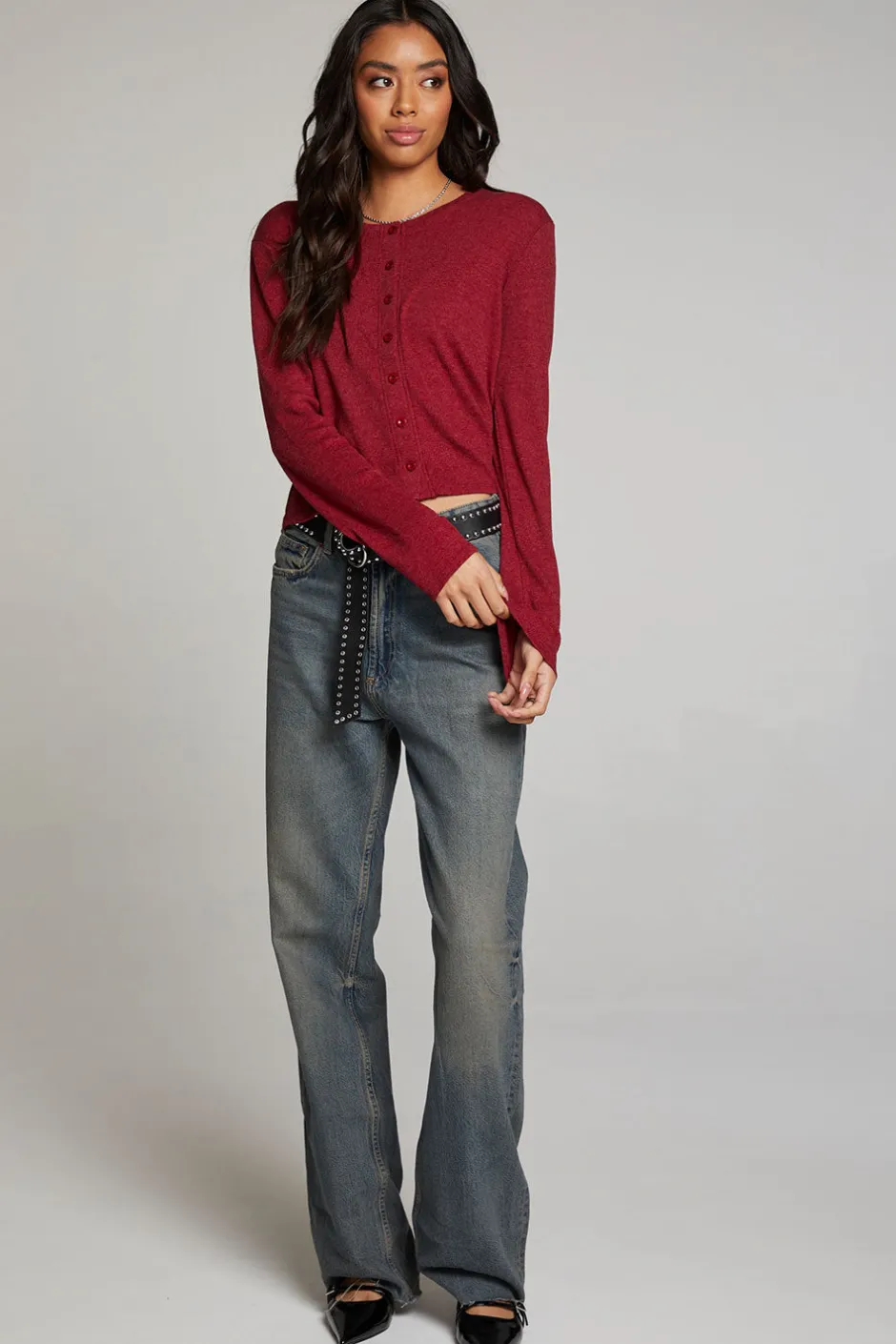 Women Chaser Brand Brady Blood Red Button Up Pullover