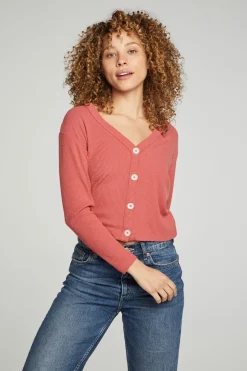 Women Chaser Brand Button Down Cropped Long Sleeve Cardigan