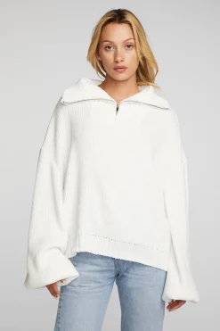 Women Chaser Brand Chenille Cotton Sweater Knit Half Zip Pullover