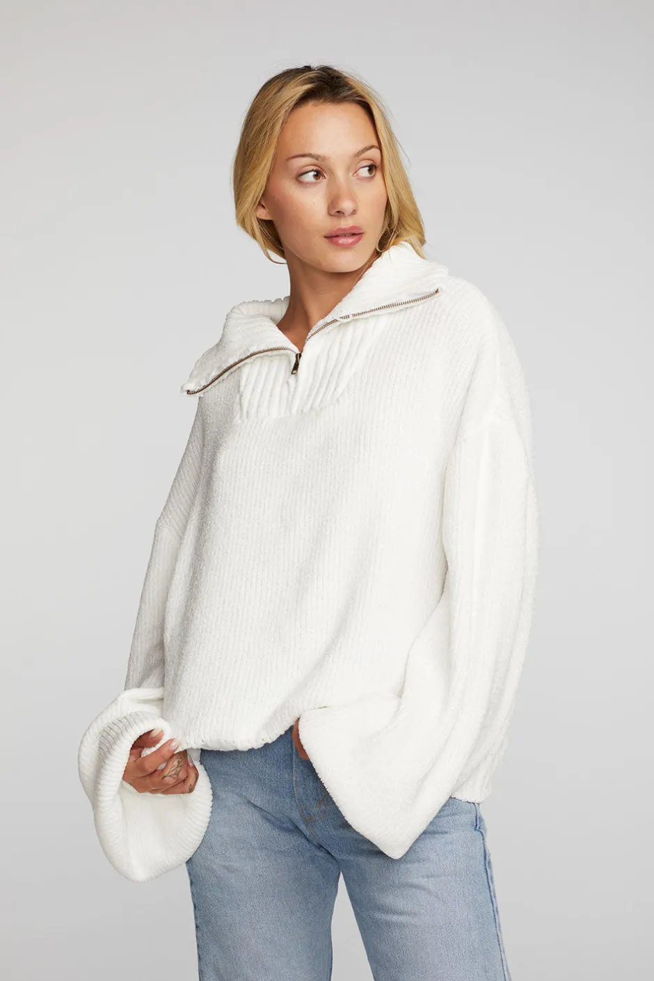Women Chaser Brand Chenille Cotton Sweater Knit Half Zip Pullover