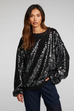 Women Chaser Brand Cotton Fleece Allover Sequin Crewneck Pullover