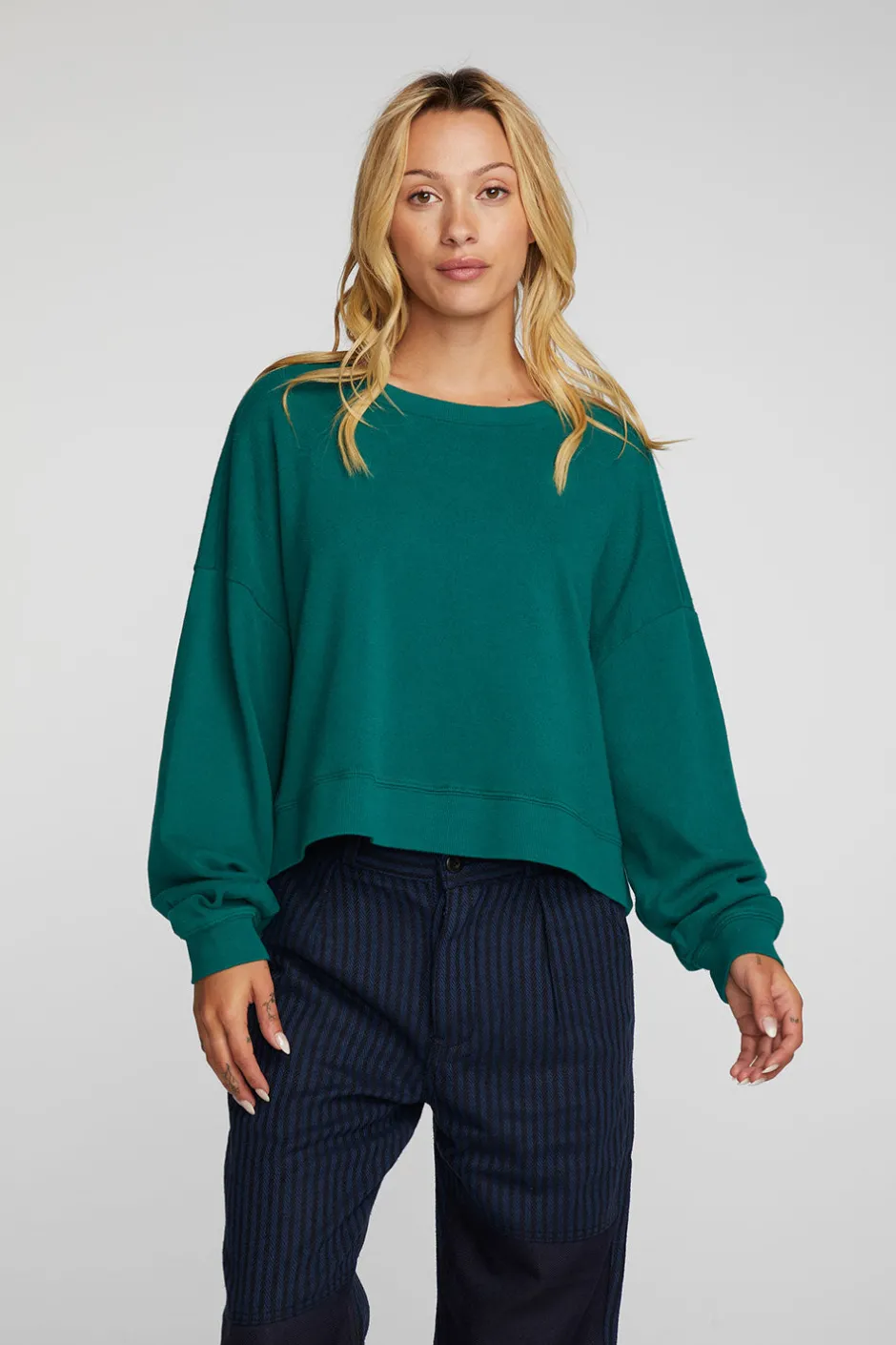 Women Chaser Brand Cotton Fleece Crewneck Pullover With Rib