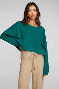 Women Chaser Brand Cotton Fleece Cropped Crewneck Pullover With Rib