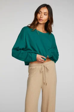 Women Chaser Brand Cotton Fleece Cropped Crewneck Pullover With Rib