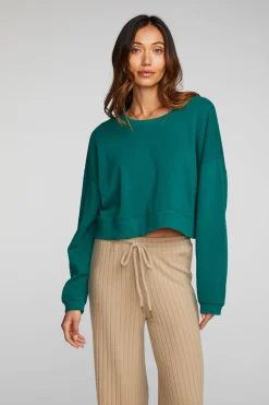 Women Chaser Brand Cotton Fleece Cropped Crewneck Pullover With Rib