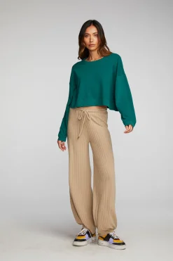 Women Chaser Brand Cotton Fleece Cropped Crewneck Pullover With Rib