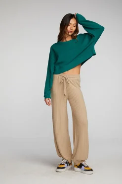 Women Chaser Brand Cotton Fleece Cropped Crewneck Pullover With Rib