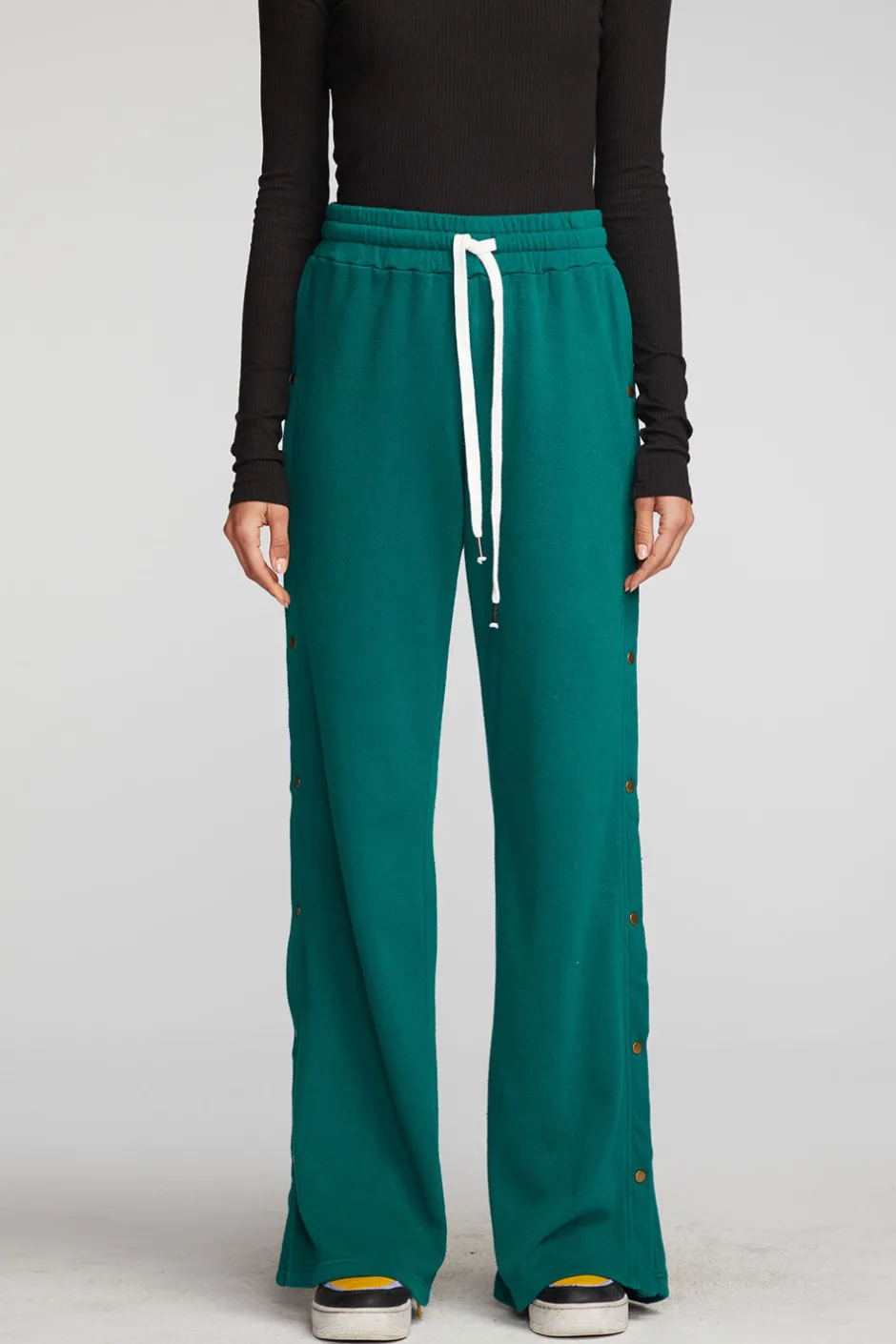 Women Chaser Brand Cotton Fleece Wide Leg Joggers With Button Sideseam