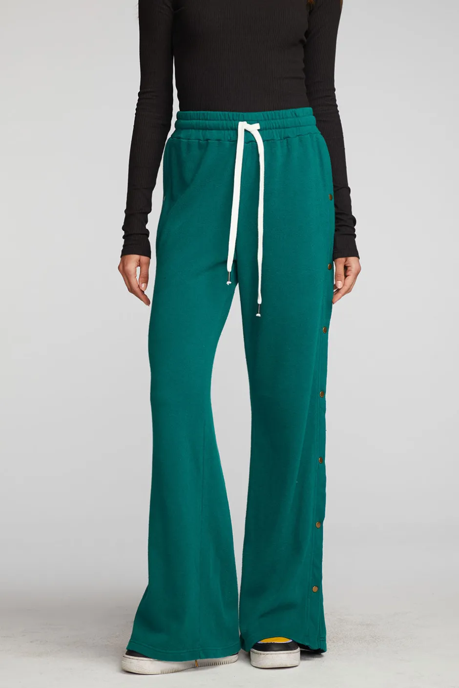 Women Chaser Brand Cotton Fleece Wide Leg Joggers With Button Sideseam