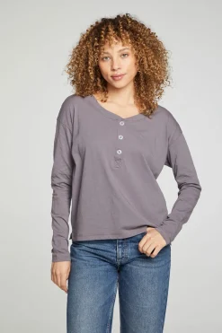 Women Chaser Brand Cropped Boxy Long Sleeve Henley With Side Slits