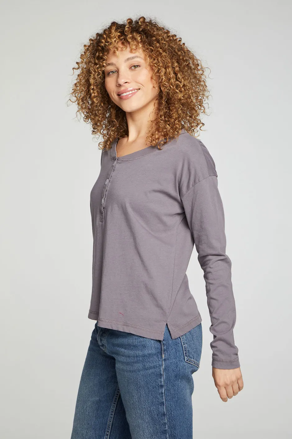 Women Chaser Brand Cropped Boxy Long Sleeve Henley With Side Slits