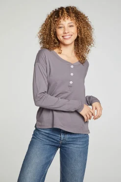 Women Chaser Brand Cropped Boxy Long Sleeve Henley With Side Slits