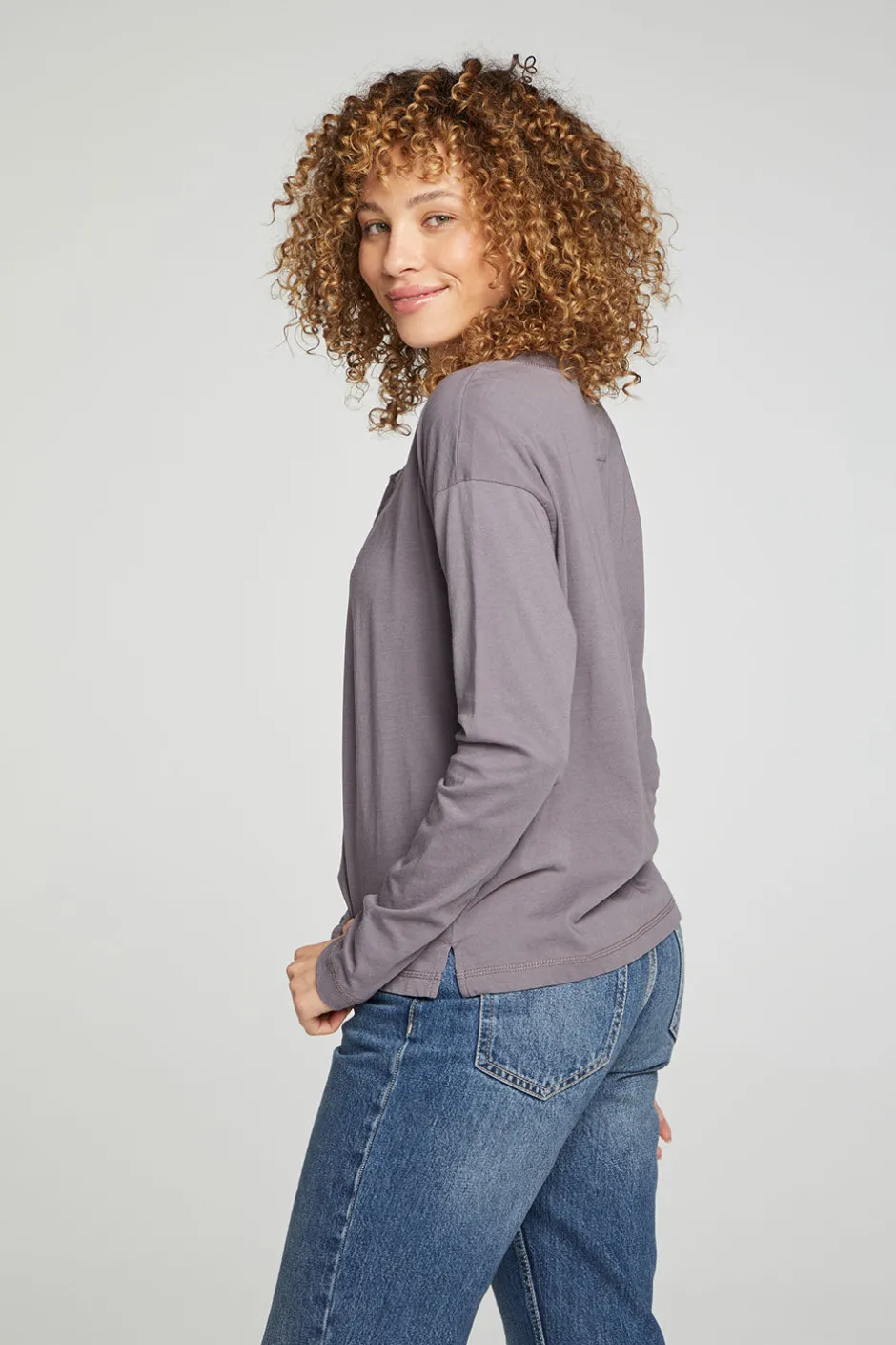 Women Chaser Brand Cropped Boxy Long Sleeve Henley With Side Slits