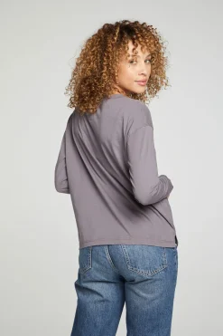 Women Chaser Brand Cropped Boxy Long Sleeve Henley With Side Slits