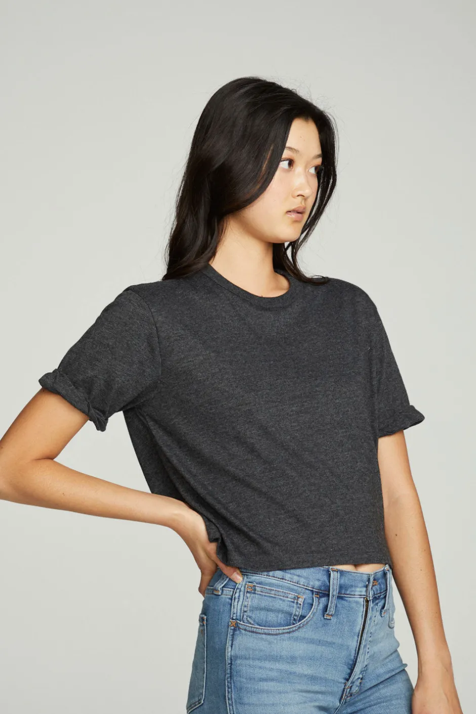 Women Chaser Brand Cropped Crew Neck Short Sleeve Tee
