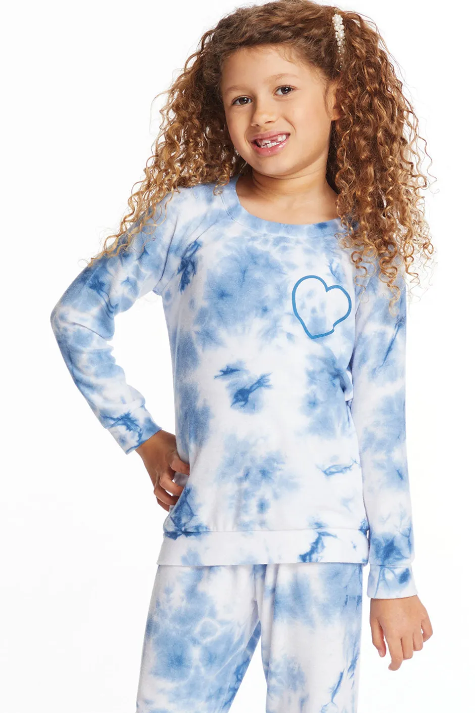 Kids Chaser Brand Denim Tie Dye Heart Girls Cozy Knit Raglan Pullover