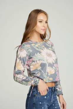 Women Chaser Brand Drawstring Shirred Long Sleeve Cropped Pullover