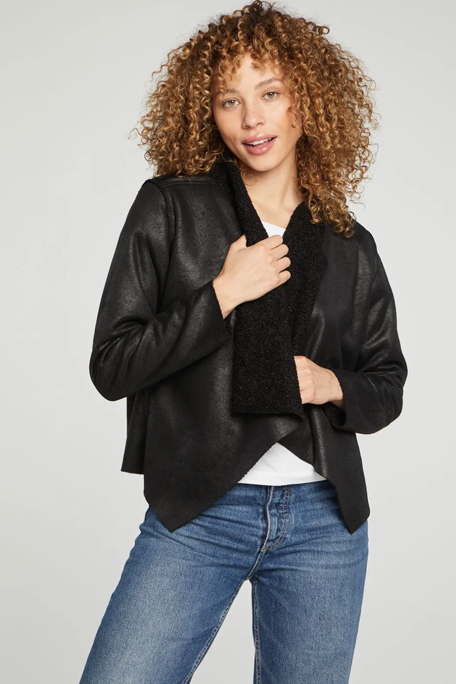 Women Chaser Brand Faux Suede Shearling Reversible Long Sleeve Waterfall Neck Jacket