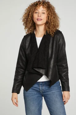 Women Chaser Brand Faux Suede Shearling Reversible Long Sleeve Waterfall Neck Jacket