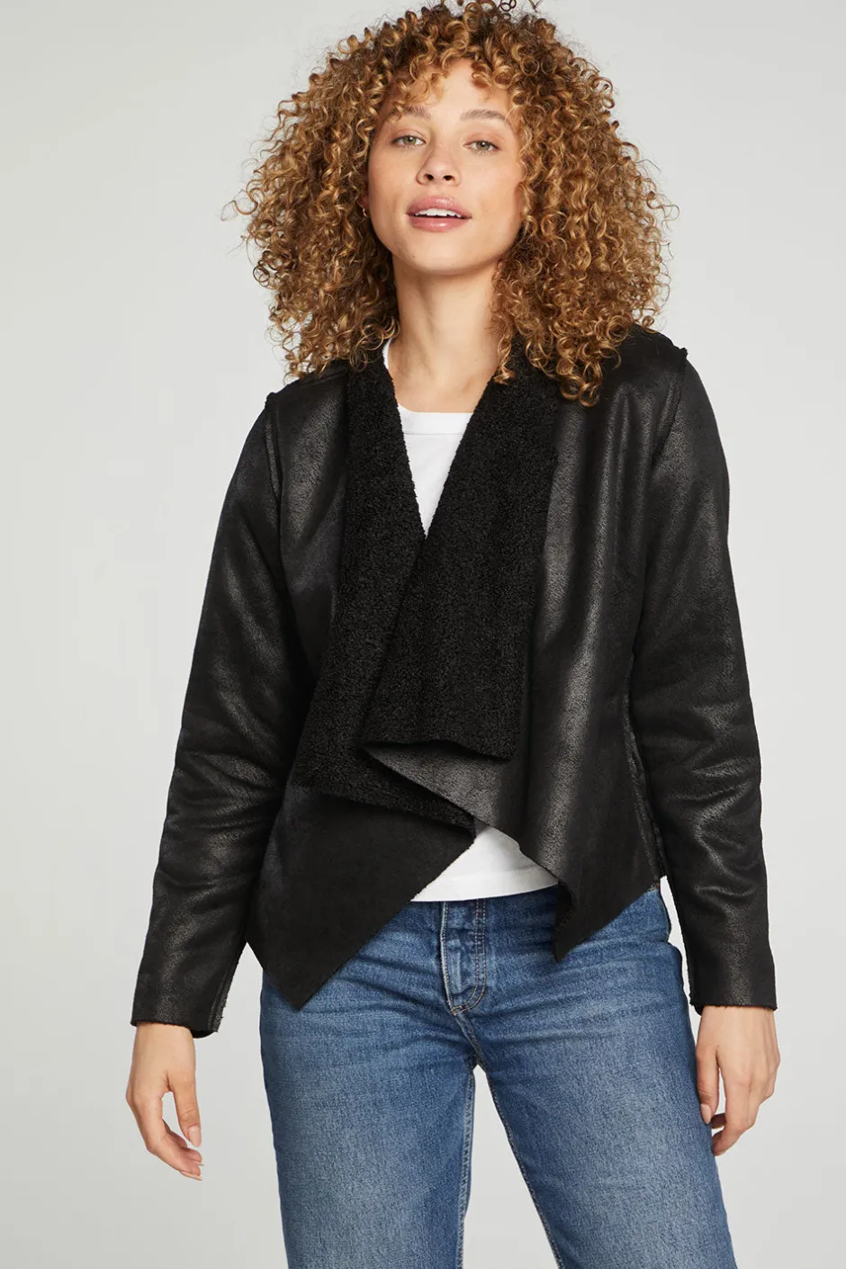 Women Chaser Brand Faux Suede Shearling Reversible Long Sleeve Waterfall Neck Jacket