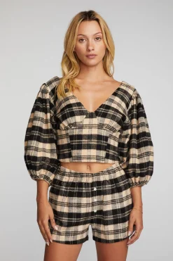 Women Chaser Brand Flannel Puff Sleeve Cropped Blouse