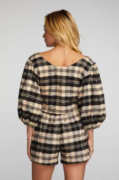 Women Chaser Brand Flannel Puff Sleeve Cropped Blouse
