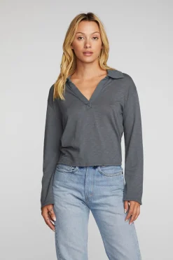Women Chaser Brand Gauze Jersey Cropped Polo With Distressed Detail Long Sleeve