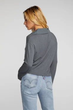 Women Chaser Brand Gauze Jersey Cropped Polo With Distressed Detail Long Sleeve