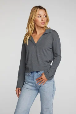 Women Chaser Brand Gauze Jersey Cropped Polo With Distressed Detail Long Sleeve