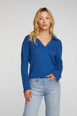 Women Chaser Brand Gauze Jersey Cropped Polo With Distressed Detail Long Sleeve