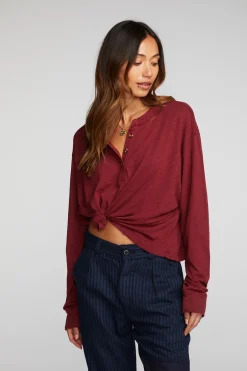 Women Chaser Brand Gauze Jersey Long Sleeve Henley With Deconstructed Bottom Hem