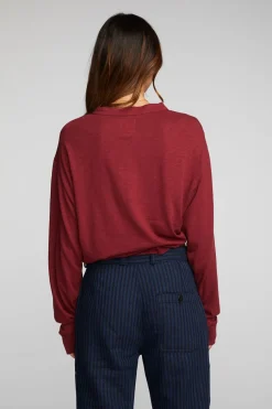 Women Chaser Brand Gauze Jersey Long Sleeve Henley With Deconstructed Bottom Hem