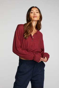 Women Chaser Brand Gauze Jersey Long Sleeve Henley With Deconstructed Bottom Hem
