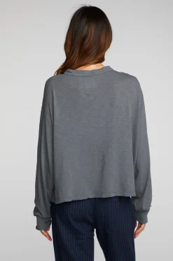 Women Chaser Brand Gauze Jersey Long Sleeve Henley With Deconstructed Bottom Hem