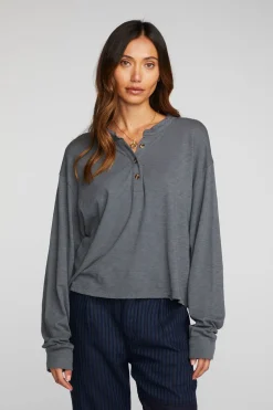 Women Chaser Brand Gauze Jersey Long Sleeve Henley With Deconstructed Bottom Hem