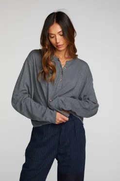 Women Chaser Brand Gauze Jersey Long Sleeve Henley With Deconstructed Bottom Hem