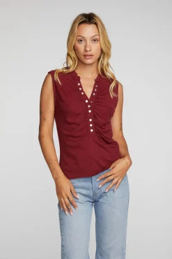 Women Chaser Brand Gauze Jersey Snap Down Tank With Shirring