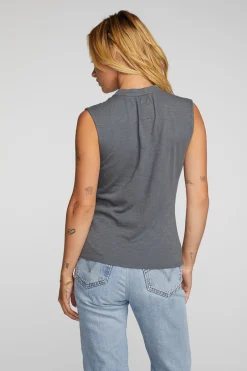 Women Chaser Brand Gauze Jersey Snap Down Tank With Shirring