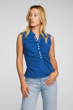 Women Chaser Brand Gauze Jersey Snap Down Tank With Shirring