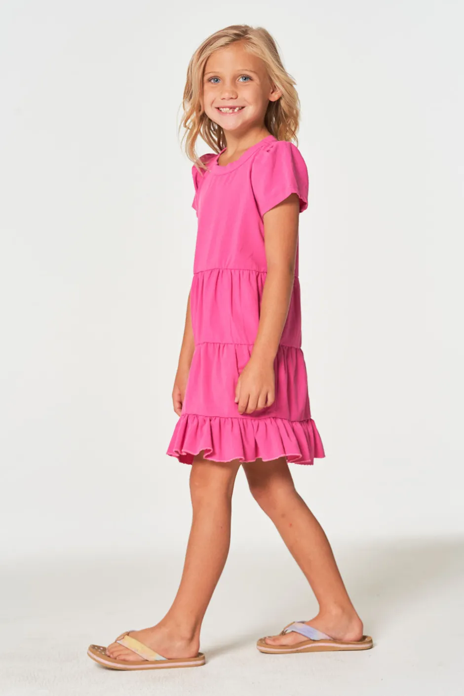 Kids Chaser Brand Girls Coastal Cloth Puff Sleeve Tiered Dress