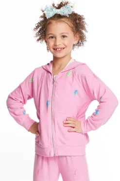 Kids Chaser Brand Glitter Bolts Girls Zipup Hoodie