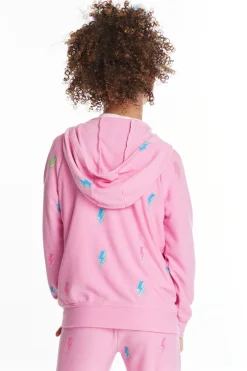 Kids Chaser Brand Glitter Bolts Girls Zipup Hoodie