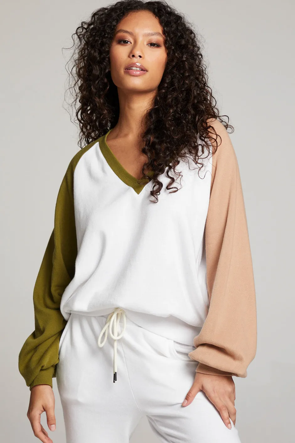 Women Chaser Brand Hannah Sand Color Block V Neck Pullover