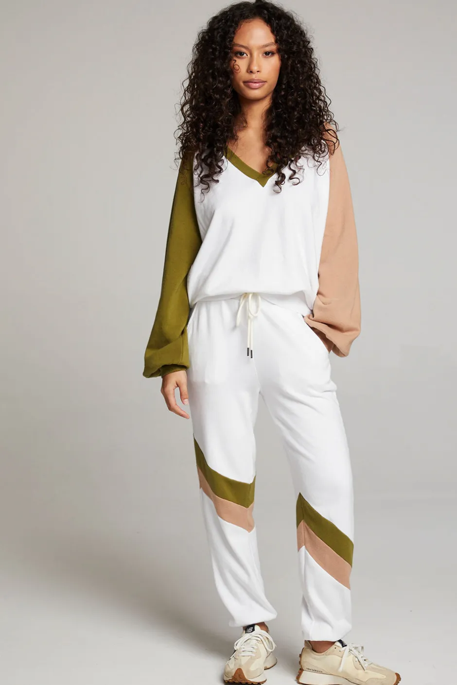 Women Chaser Brand Hannah Sand Color Block V Neck Pullover
