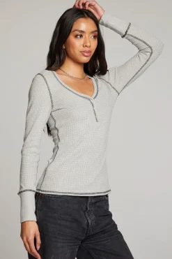 Women Chaser Brand Heather Grey Long Sleeve Henley