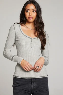 Women Chaser Brand Heather Grey Long Sleeve Henley